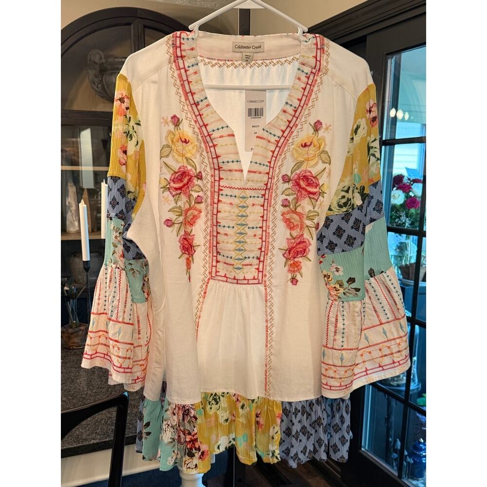 Coldwater Creek NWT Boho Embroidered V-Neck Tunic Multi Patchwork Plus Size 2X - Picture 3 of 8